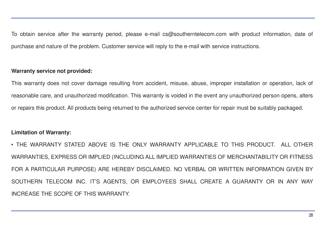 Southern Telecom SMP517-4 manual Warranty service not provided, Limitation of Warranty 