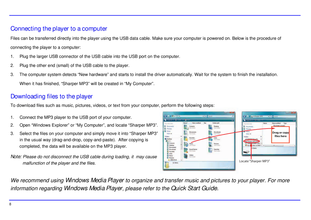 Southern Telecom SMP517-4 manual Connecting the player to a computer, Downloading files to the player 