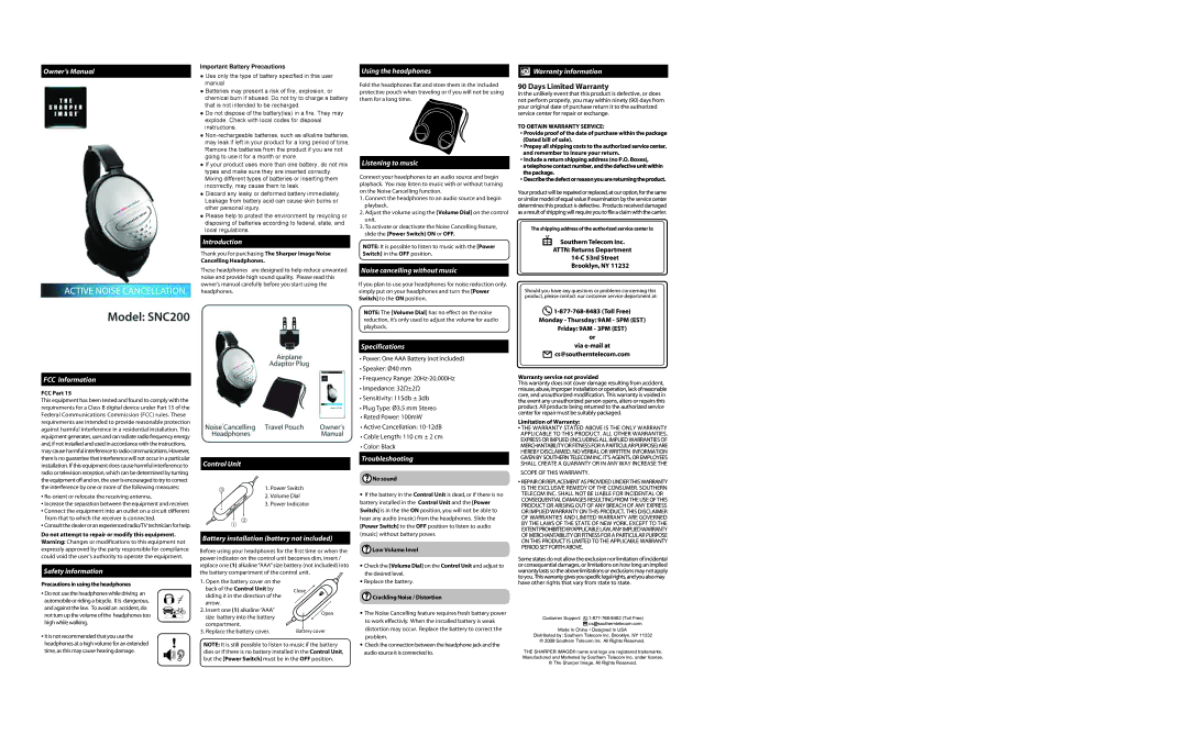 Southern Telecom SNC200 specifications Introduction, Using the headphones, Listening to music, Specifications 