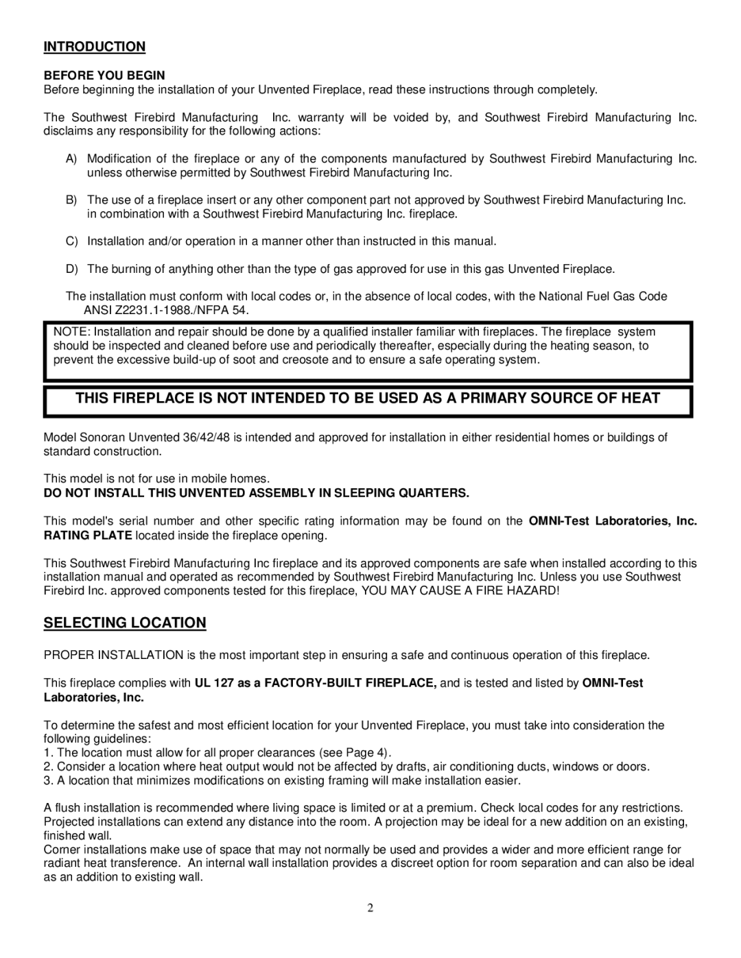 Southwest Specialty Products 36, 48, 42 Selecting Location, Introduction, Before YOU Begin, Laboratories, Inc 