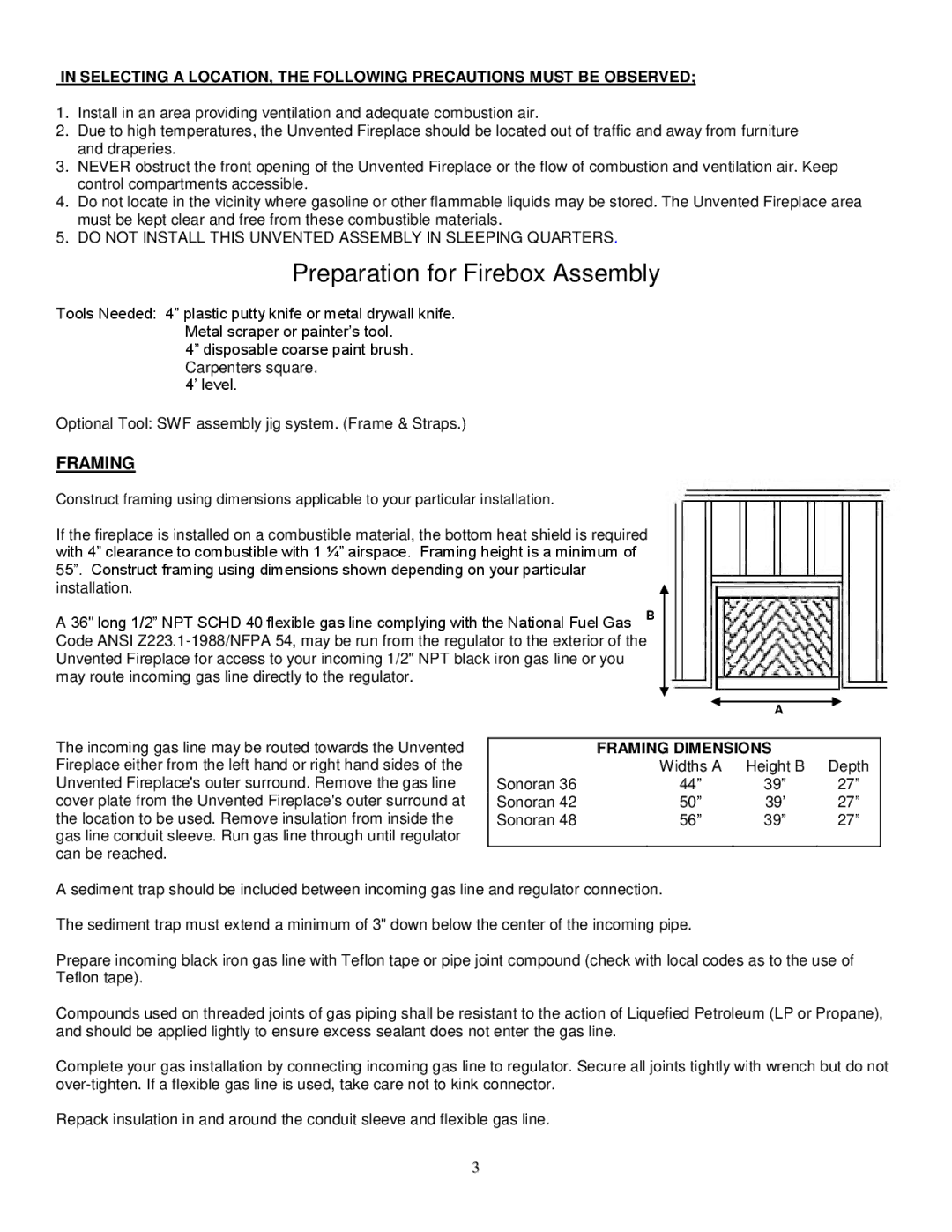 Southwest Specialty Products 48, 42, 36 installation instructions Preparation for Firebox Assembly, Framing Dimensions 