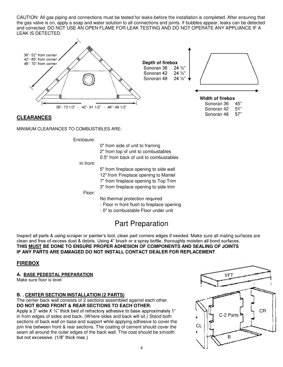 Southwest Specialty Products 42, 48, 36 installation instructions Part Preparation, Clearances, Firebox 