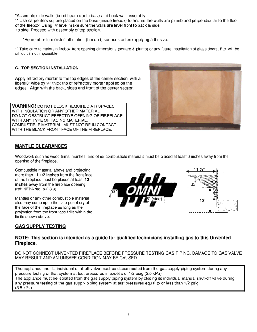 Southwest Specialty Products 36, 48, 42 Mantle Clearances, GAS Supply Testing, TOP Section Installation, 11 ½ 