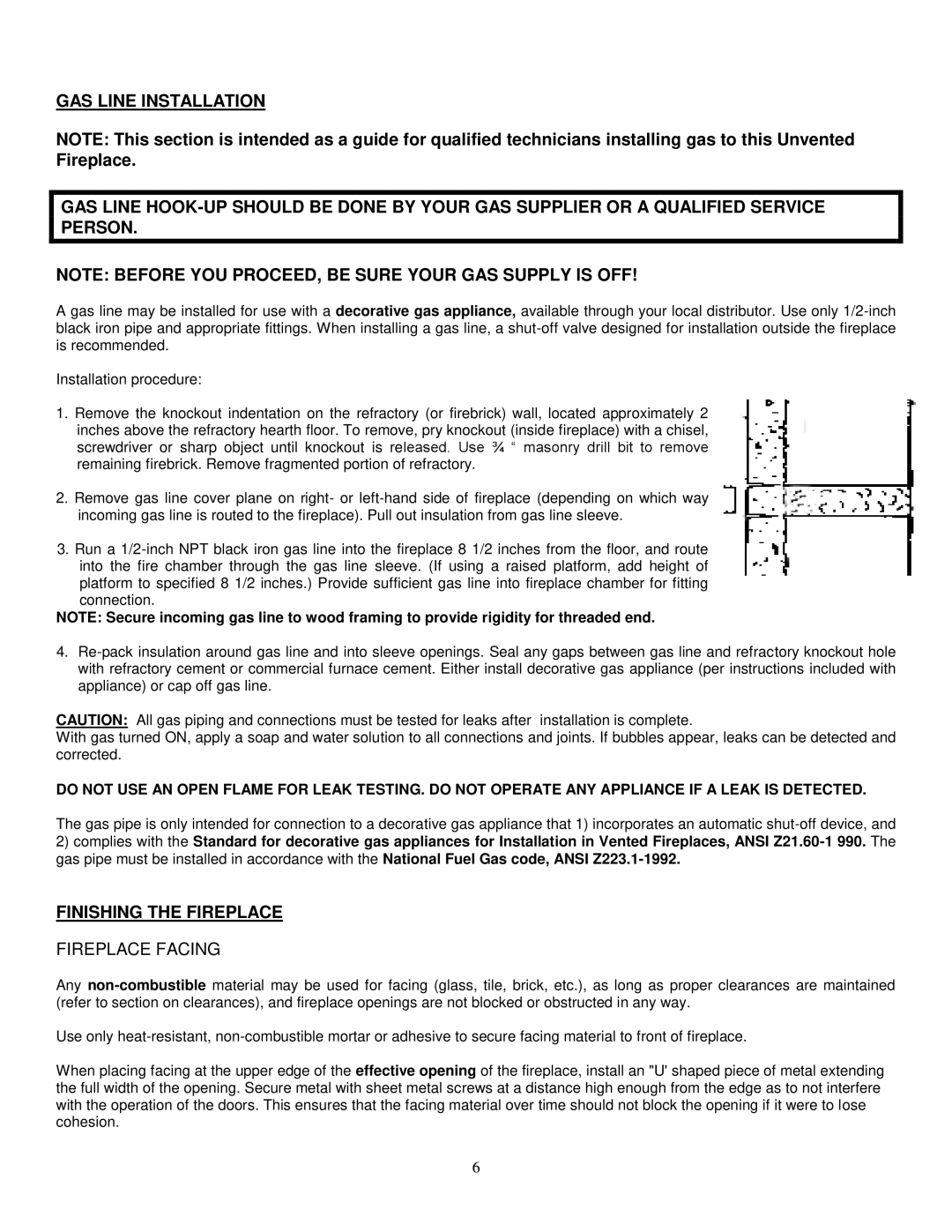 Southwest Specialty Products 48, 42, 36 installation instructions Finishing the Fireplace, Fireplace Facing 