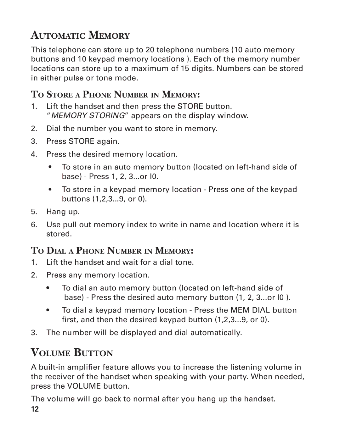 Southwestern Bell 2-9193 manual Automatic Memory, Volume Button 