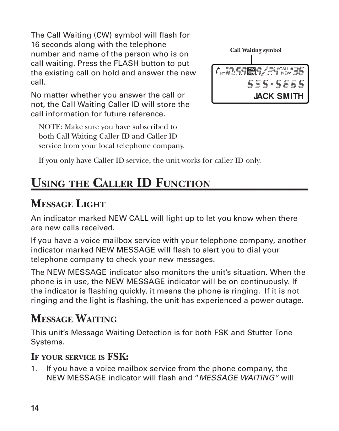 Southwestern Bell 2-9193 manual Using the Caller ID Function, Jack Smith, Message Light, Message Waiting 