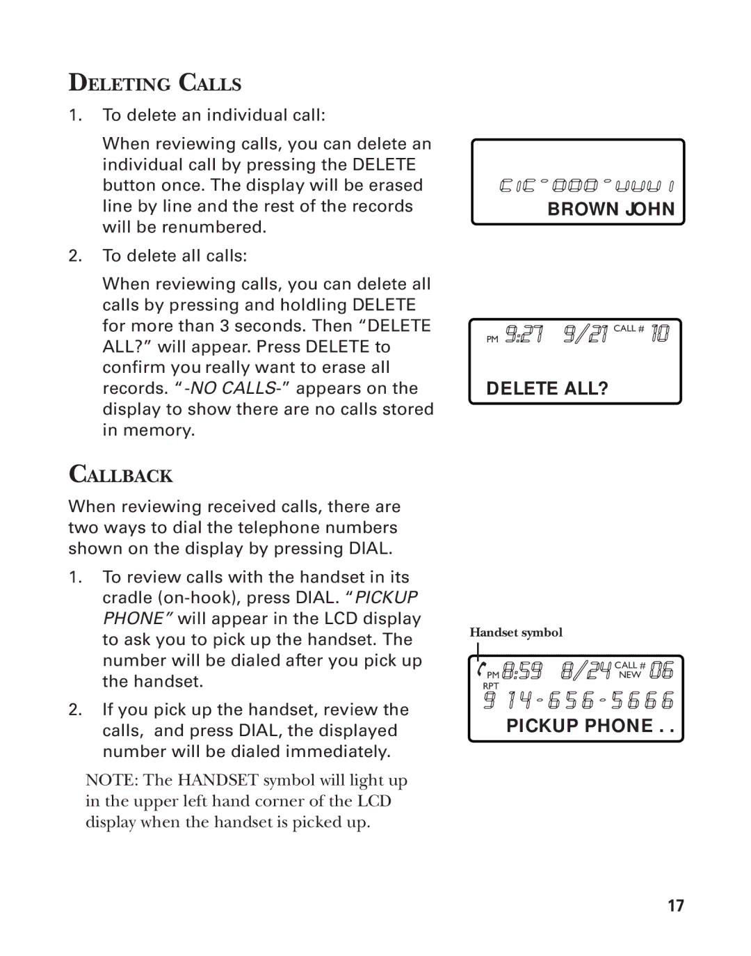 Southwestern Bell 2-9193 manual PM 927 9/21 Call #, Brown John, Delete ALL?, Pickup Phone 