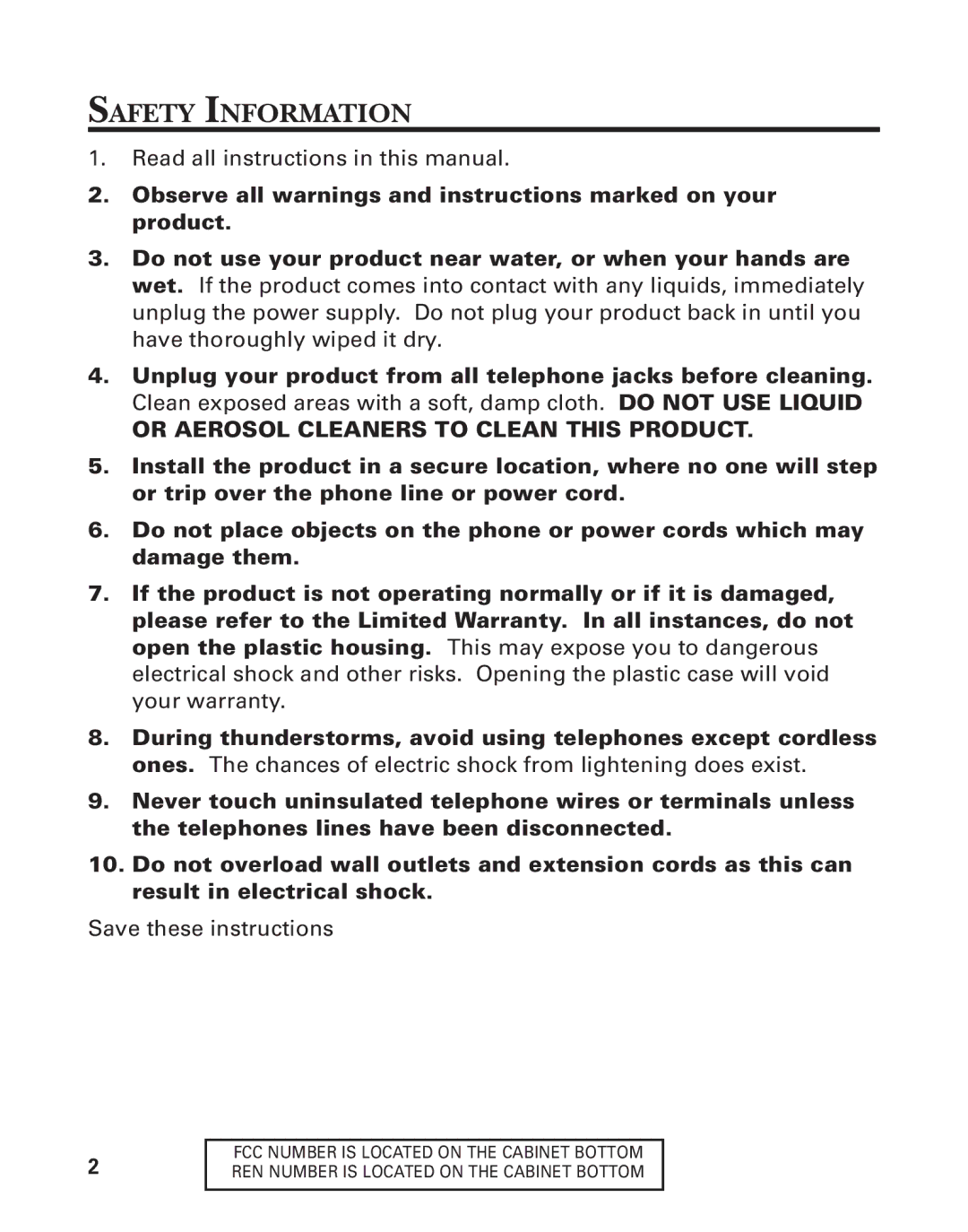 Southwestern Bell 2-9193 manual Safety Information, Or Aerosol Cleaners to Clean this Product 