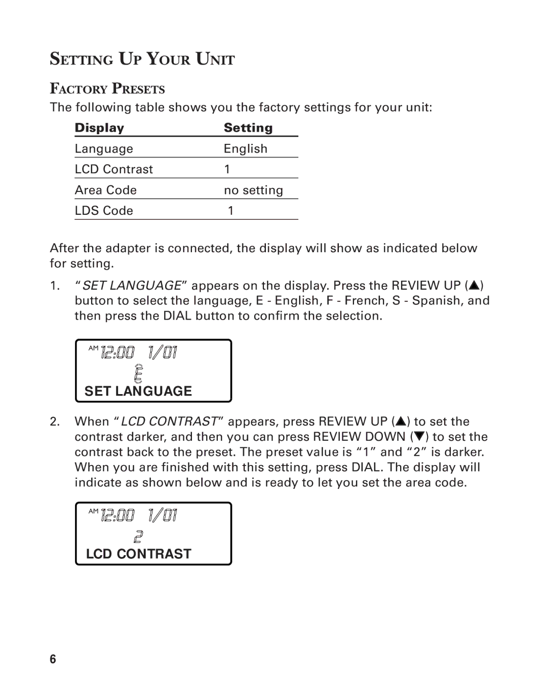 Southwestern Bell 2-9193 manual AM 1200 1/01, Setting UP Your Unit, SET Language, LCD Contrast 