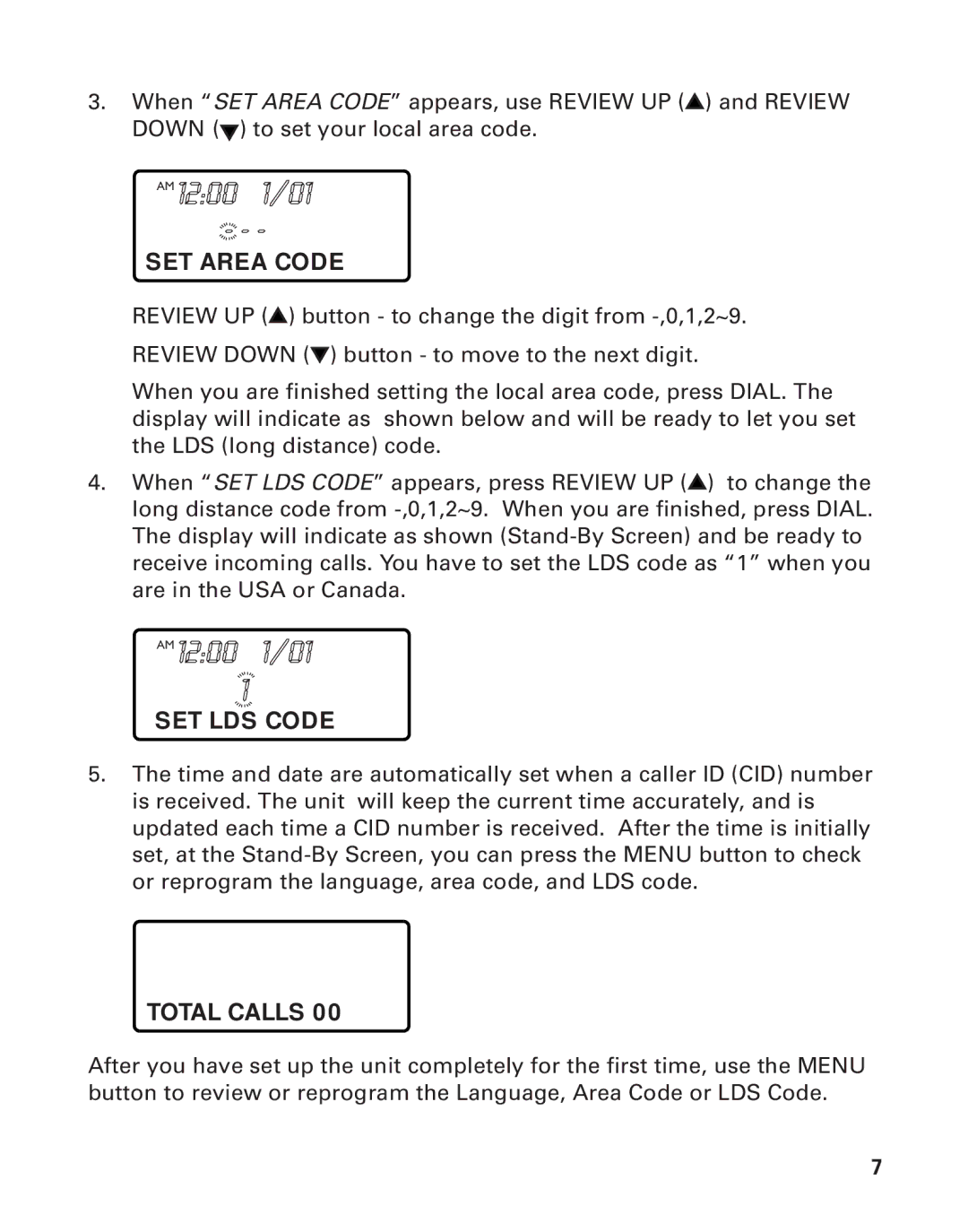 Southwestern Bell 2-9193 manual AM 1200 1/01, SET Area Code, SET LDS Code, Total Calls 