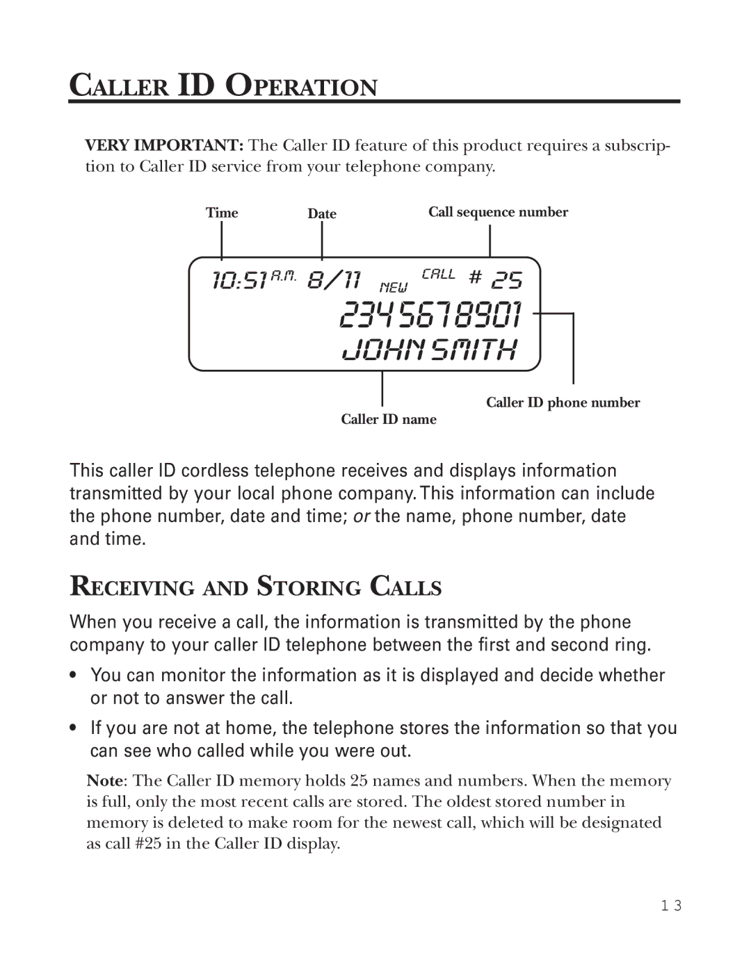 Southwestern Bell 2-9773 manual Caller ID Operation, Receiving and Storing Calls 