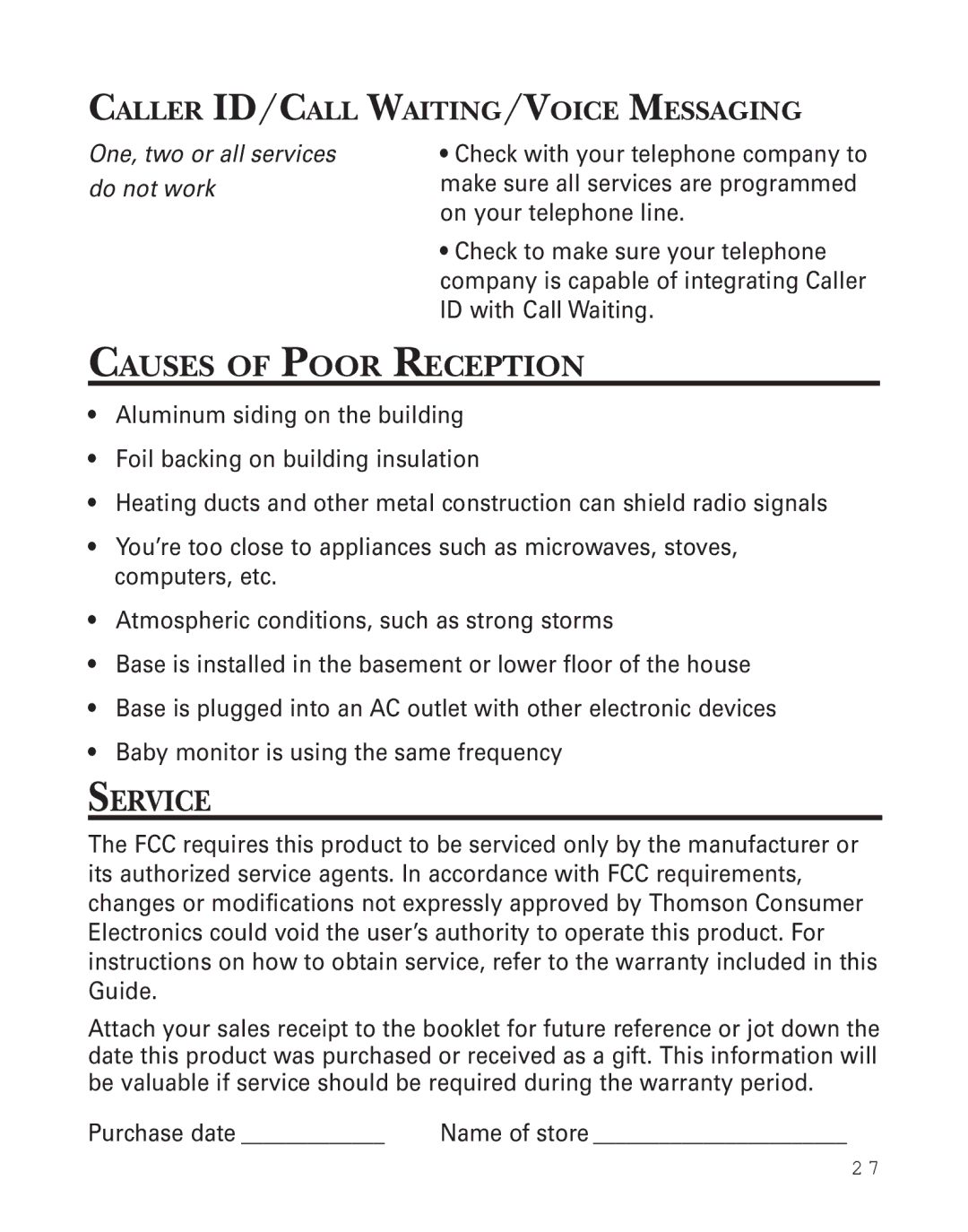 Southwestern Bell 2-9773 manual Causes of Poor Reception, Service, Caller ID/CALL WAITING/VOICE Messaging 