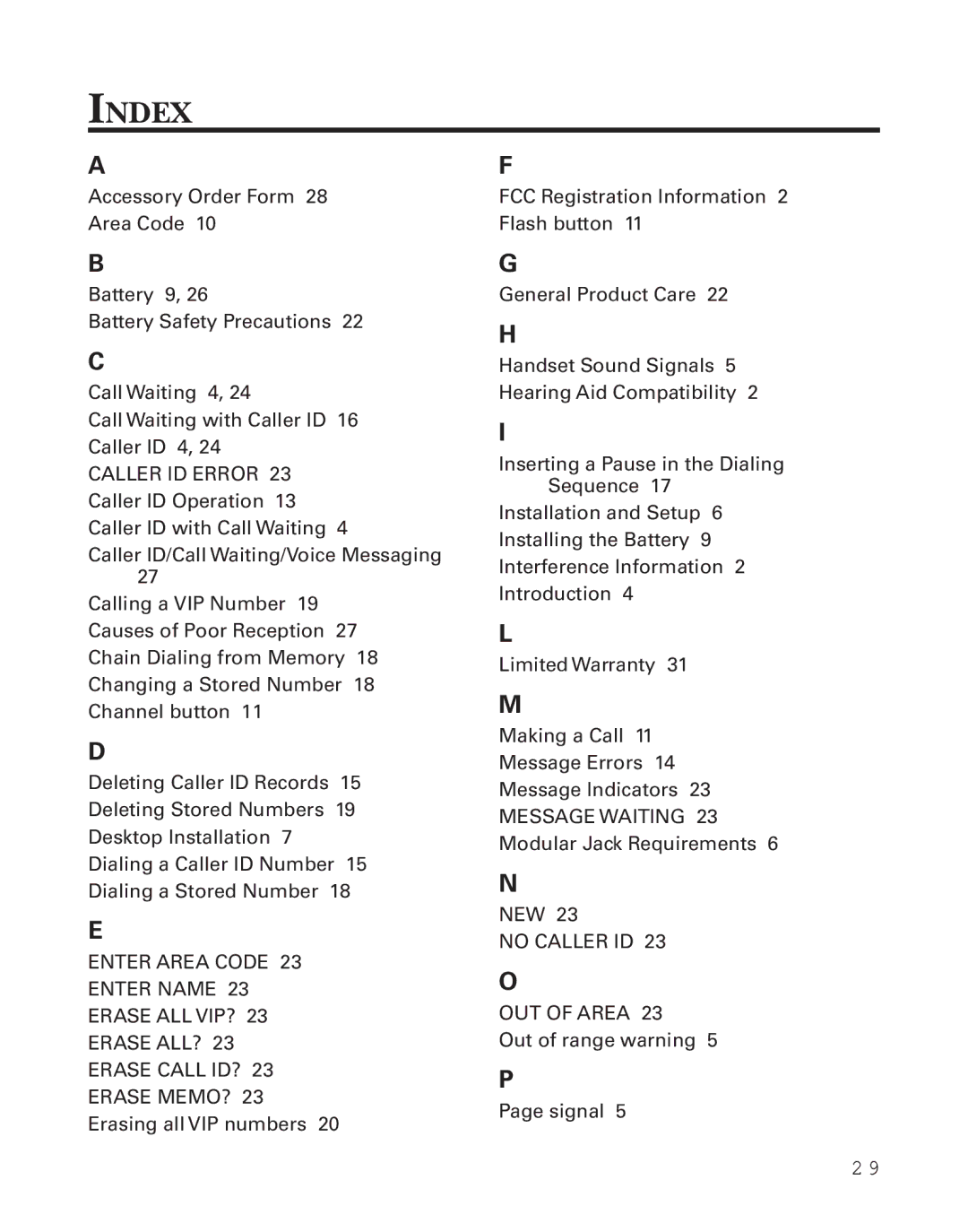 Southwestern Bell 2-9773 manual Index, Caller ID Error 