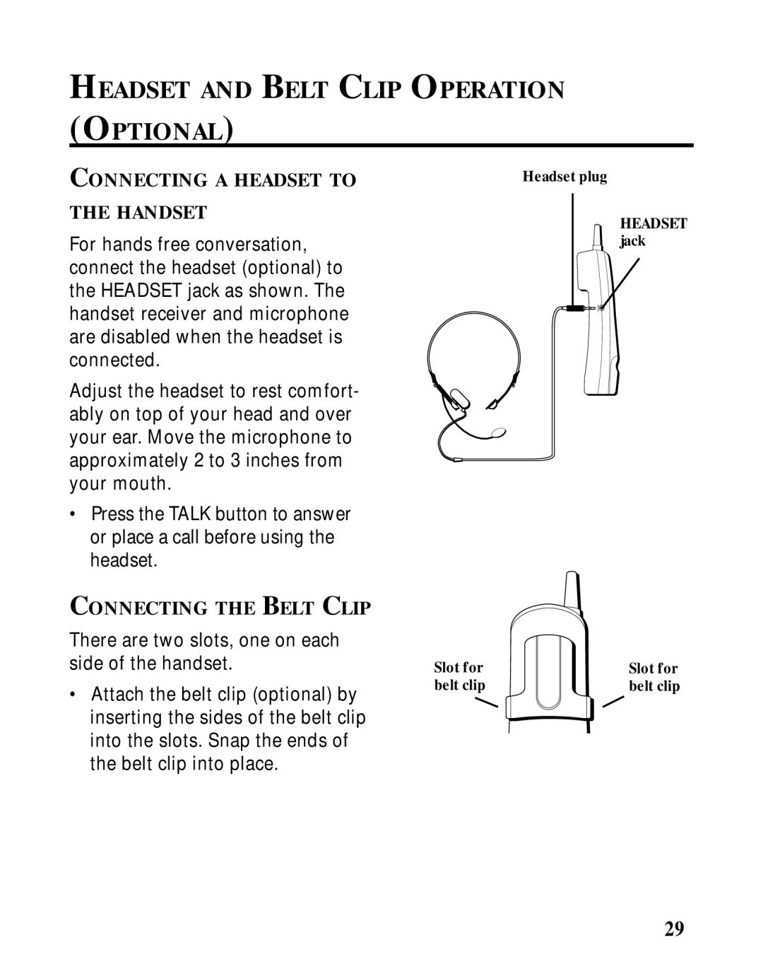 Southwestern Bell 26963 manual Headset and Belt Clip Operation Optional, Connecting a Headset to Handset 