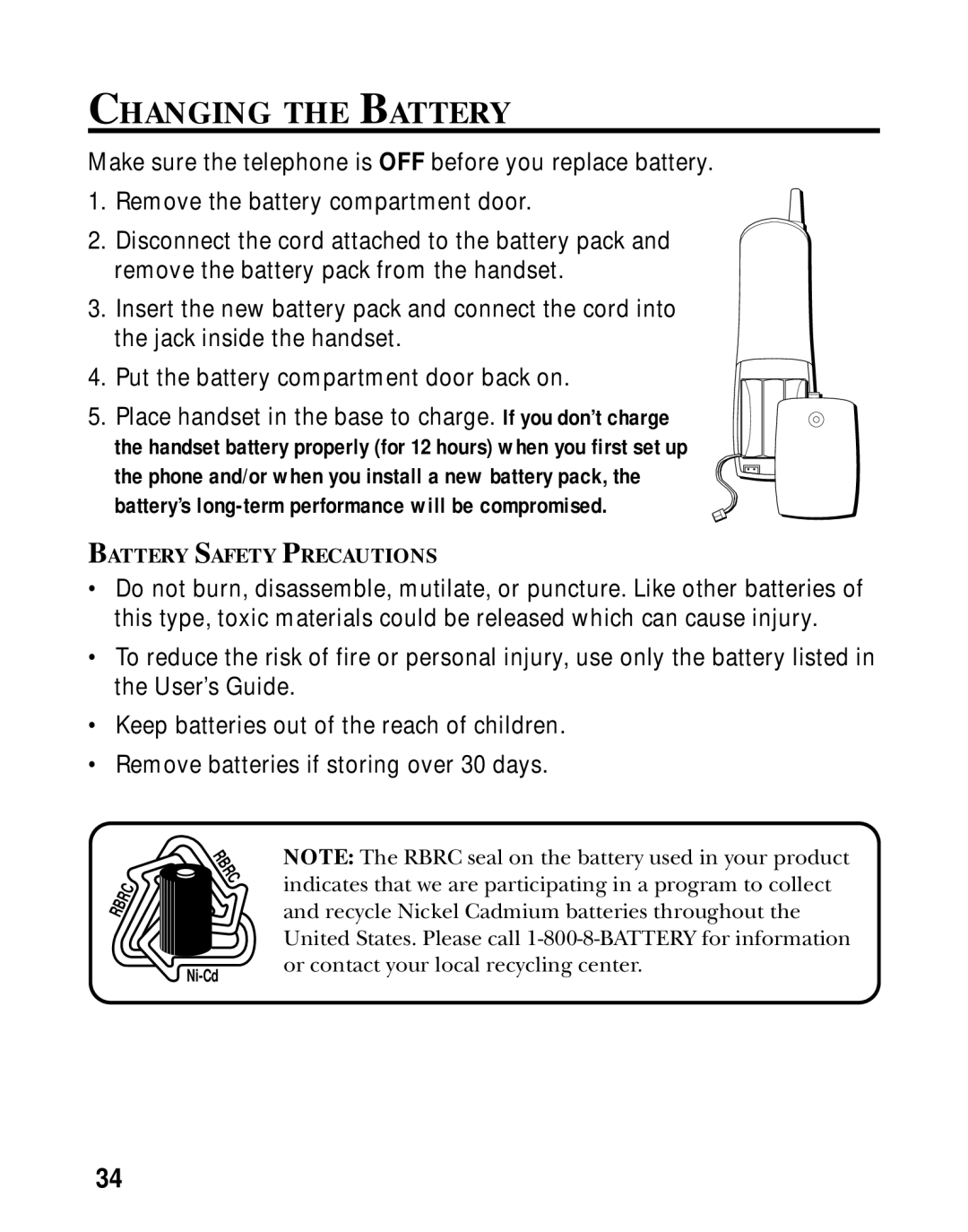 Southwestern Bell 26963 manual Changing the Battery 