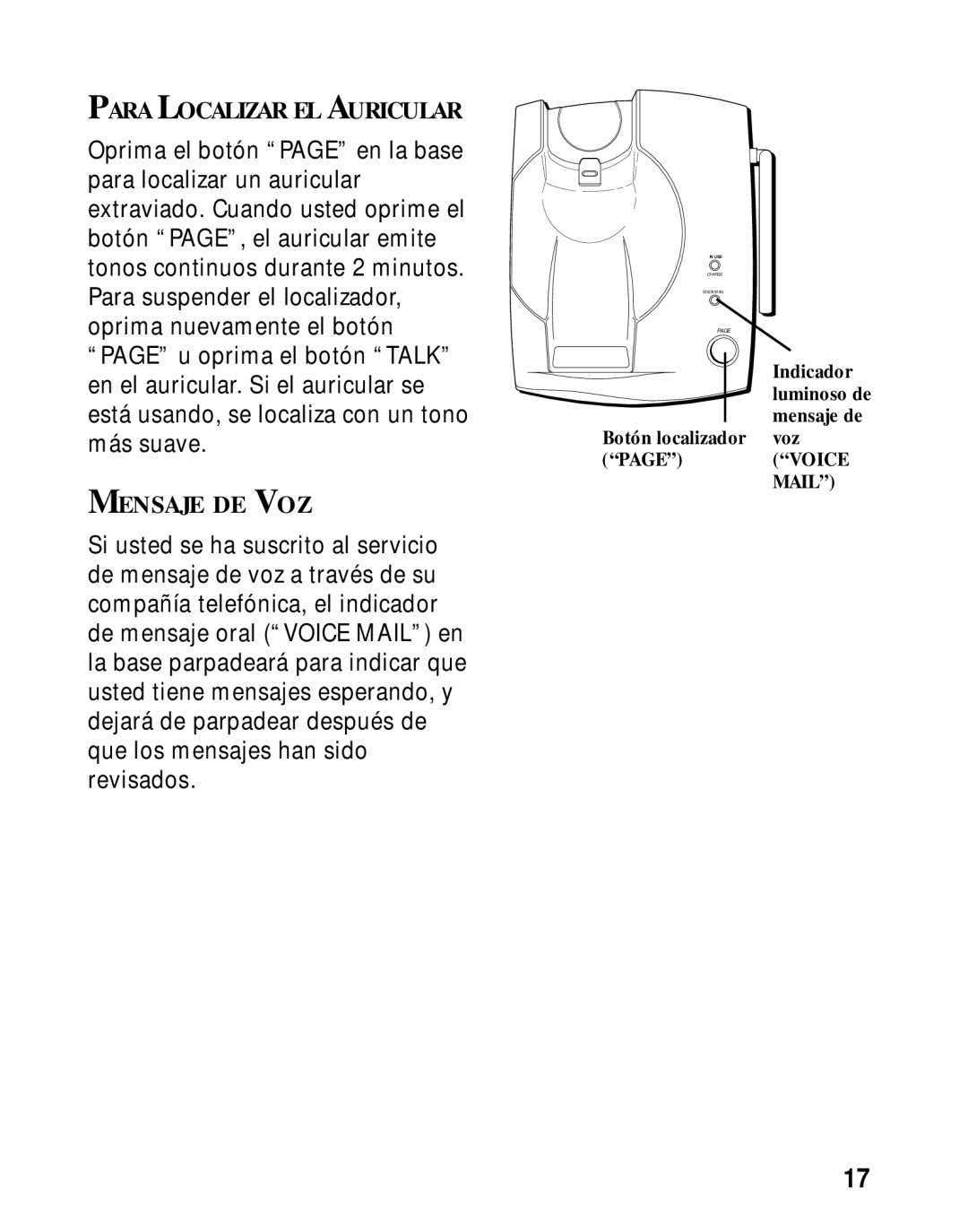 Southwestern Bell 26963 manual Para Localizar EL Auricular, Mensaje DE VOZ 