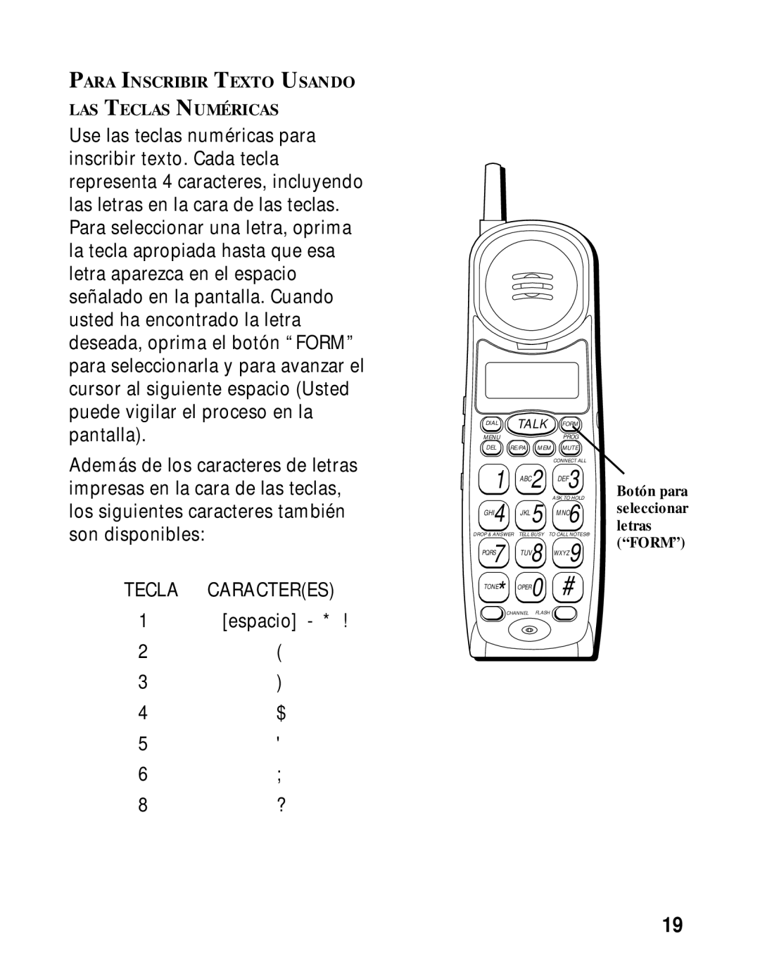 Southwestern Bell 26963 manual Tecla Caracteres 