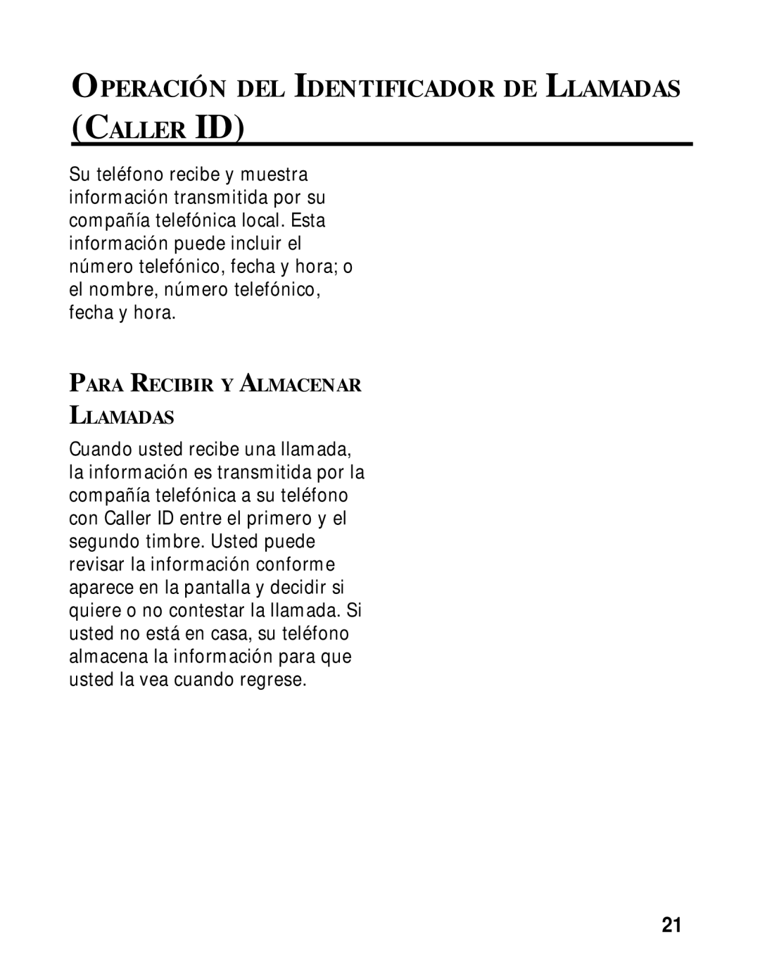 Southwestern Bell 26963 manual Operación DEL Identificador DE Llamadas Caller ID, Para Recibir Y Almacenar Llamadas 