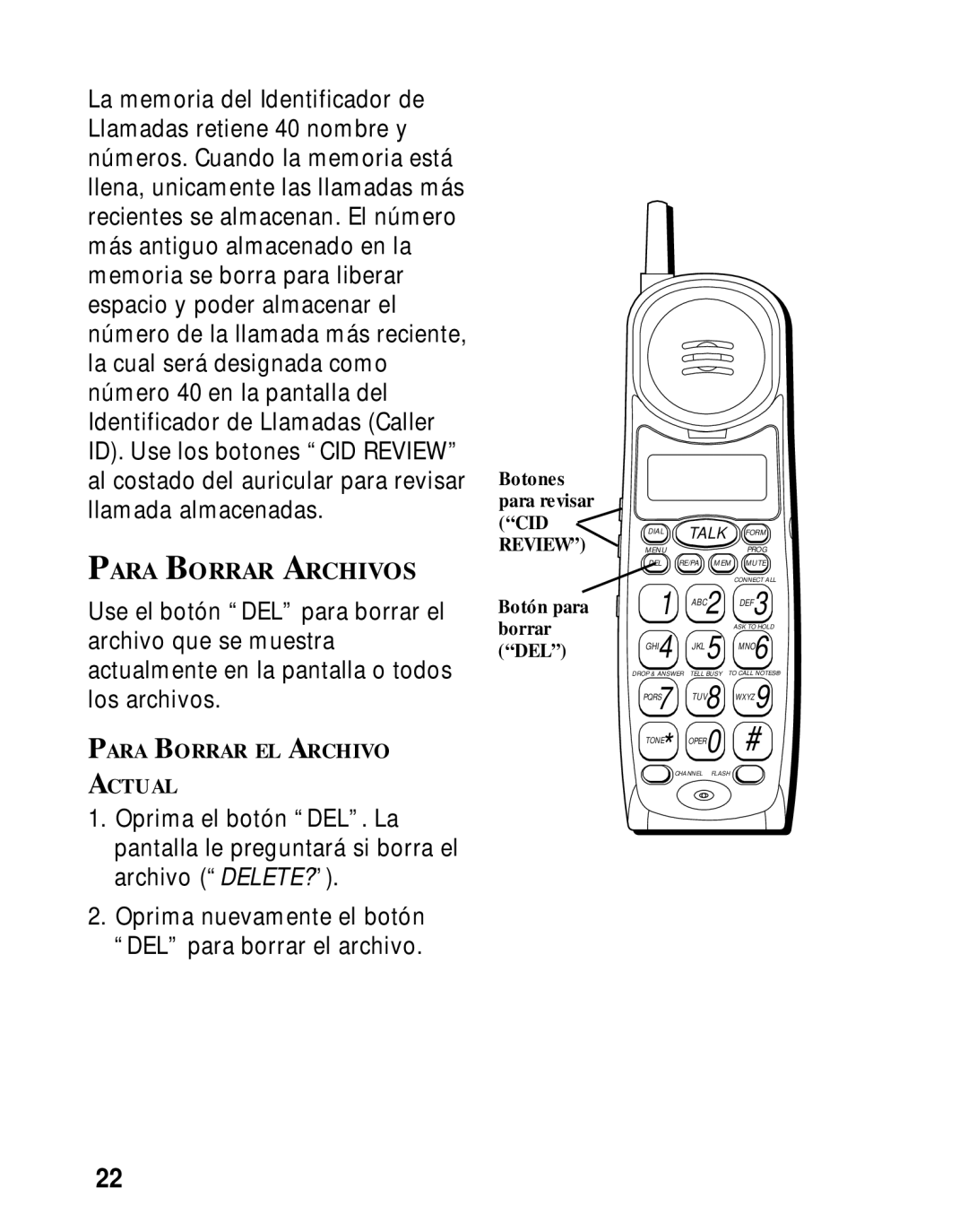 Southwestern Bell 26963 manual Para Borrar Archivos, Botones para revisar CID Review 