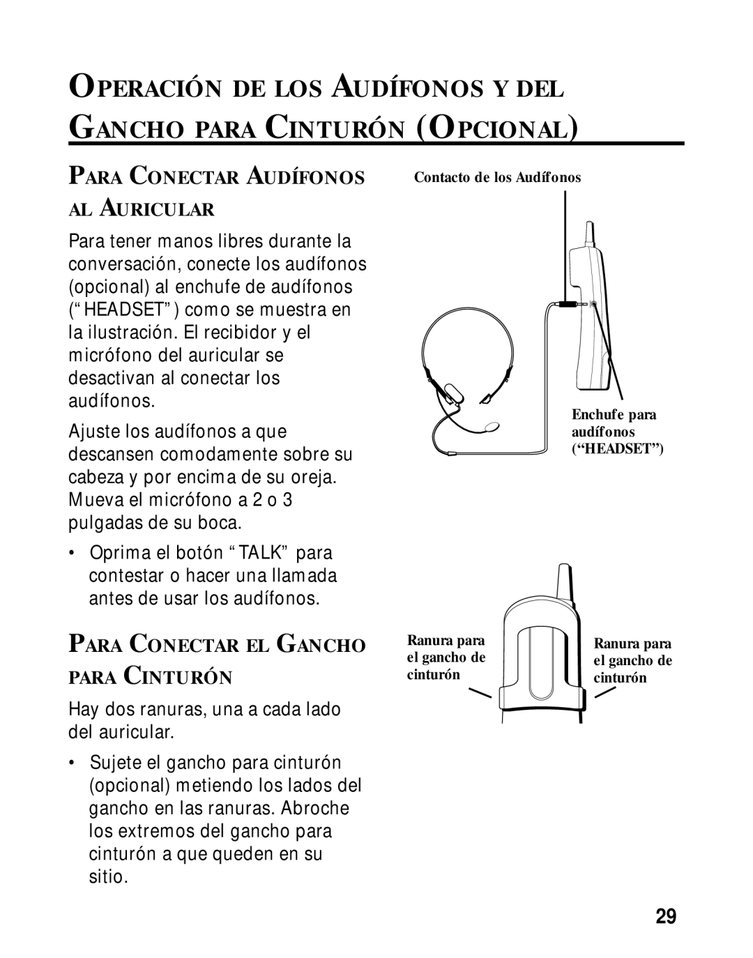 Southwestern Bell 26963 manual Para Conectar Audífonos AL Auricular, Para Conectar EL Gancho Para Cinturón 