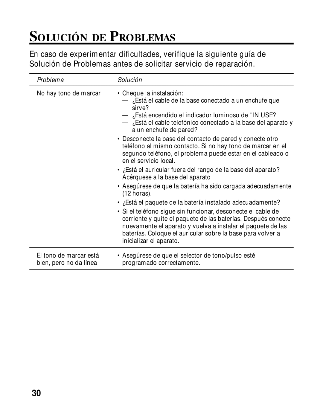 Southwestern Bell 26963 manual Solución DE Problemas, Desconecte la base del contacto de pared y conecte otro 