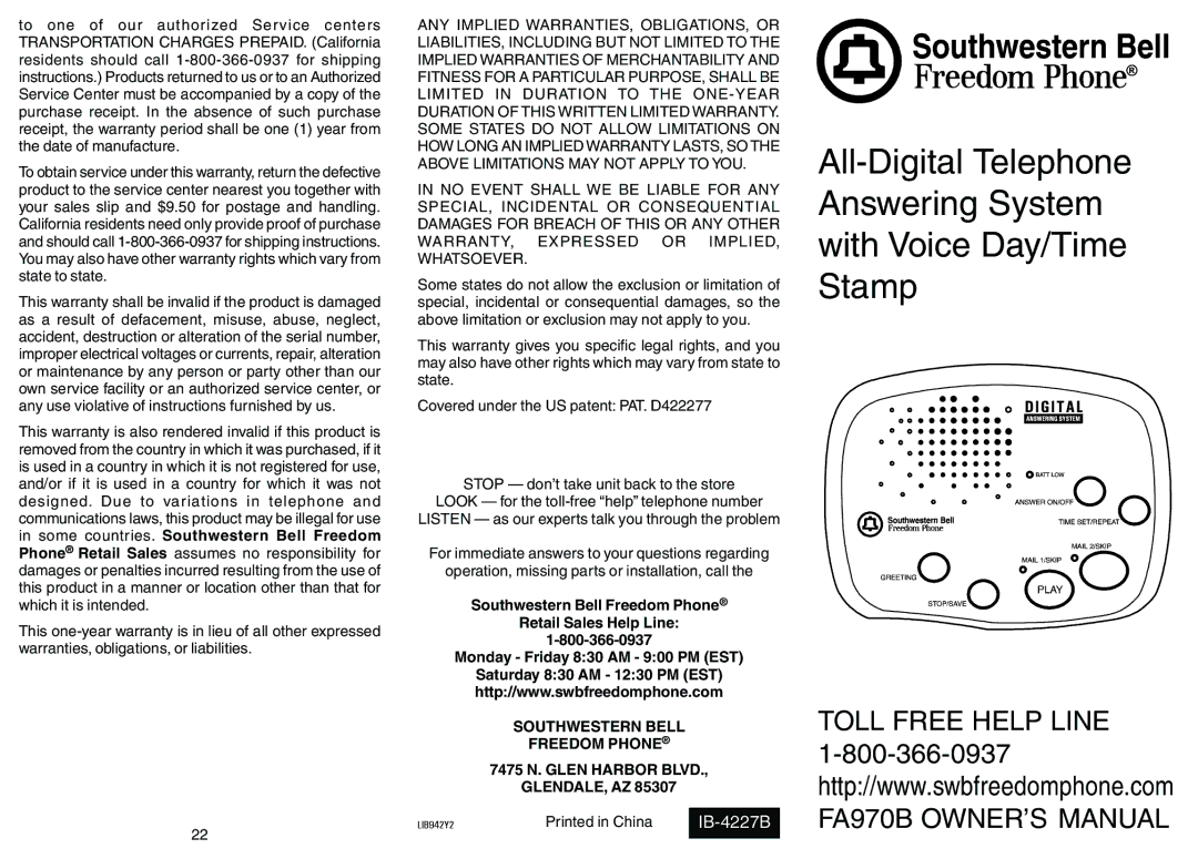 Southwestern Bell FA970B owner manual IB-4227B 