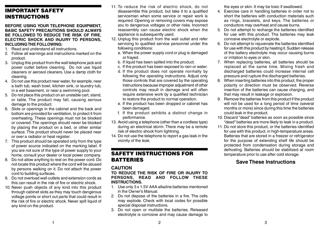 Southwestern Bell FA970B owner manual Important Safety Instructions, Safety Instructions for Batteries 