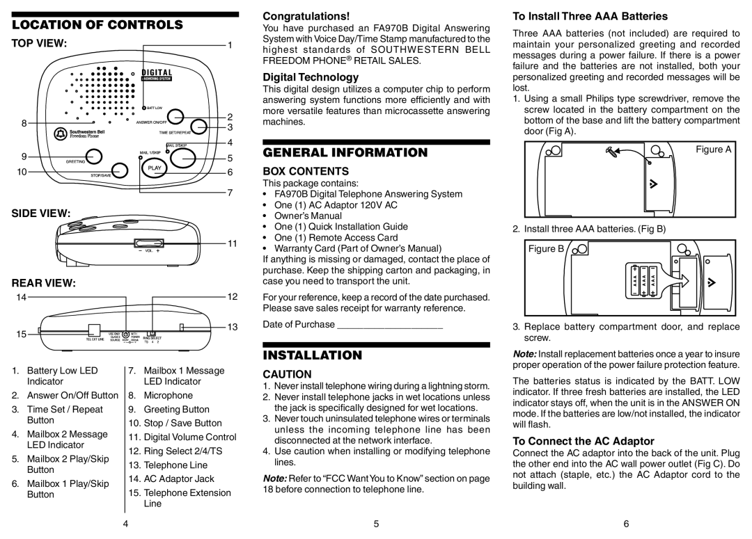 Southwestern Bell FA970B owner manual Location of Controls, General Information, Installation 