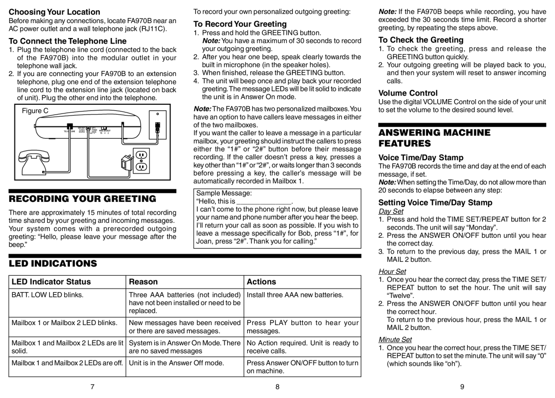 Southwestern Bell FA970B owner manual Recording Your Greeting, Answering Machine Features, LED Indications 