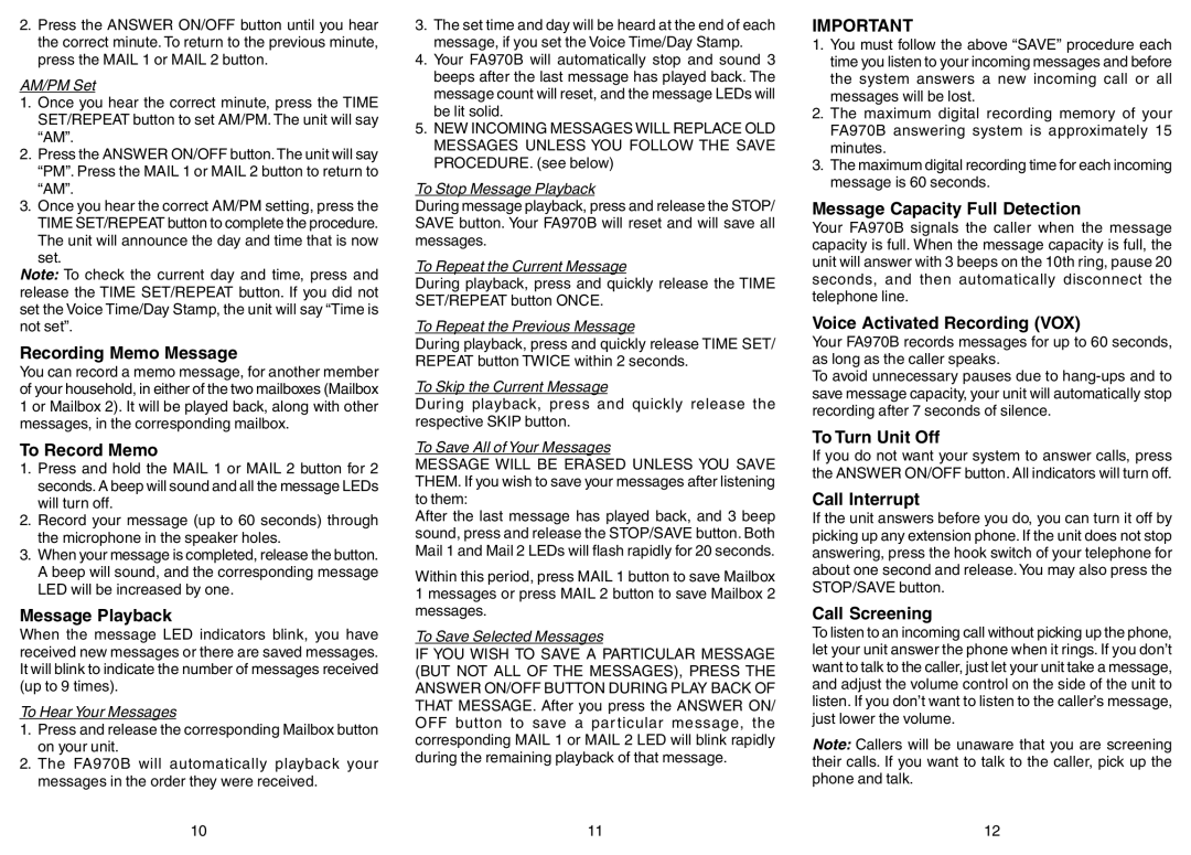 Southwestern Bell FA970B Recording Memo Message, To Record Memo, Message Playback, Message Capacity Full Detection 