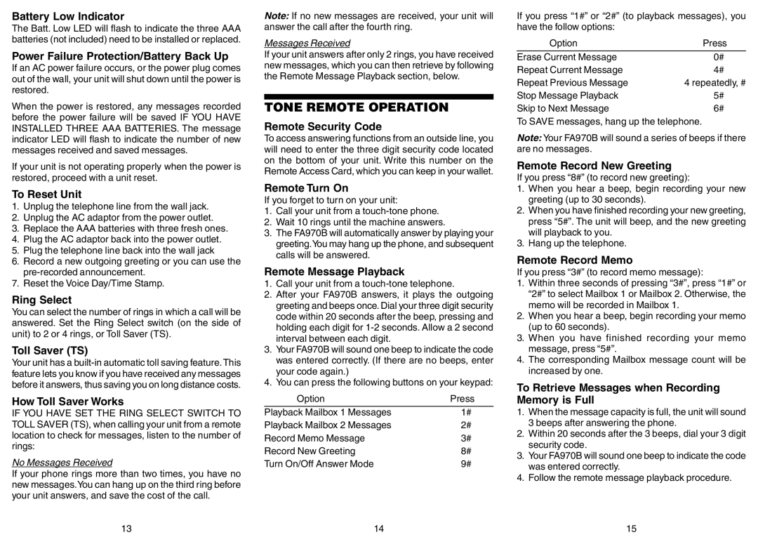 Southwestern Bell FA970B owner manual Tone Remote Operation 