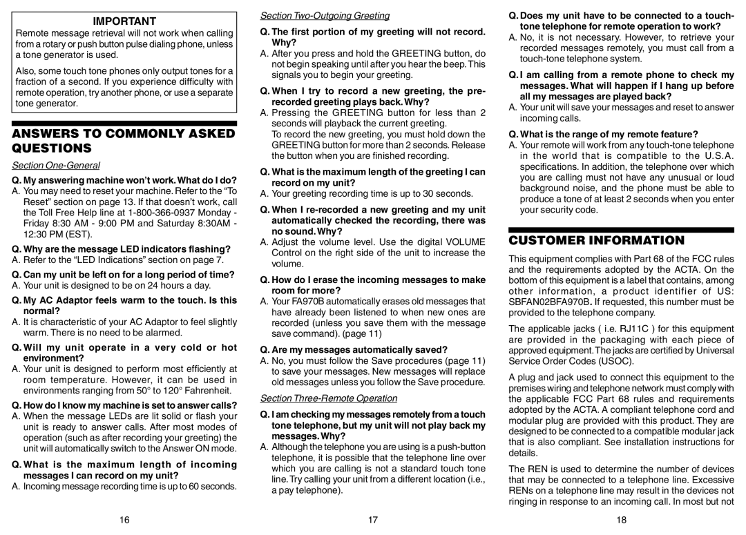 Southwestern Bell FA970B owner manual Answers to Commonly Asked Questions, Customer Information 