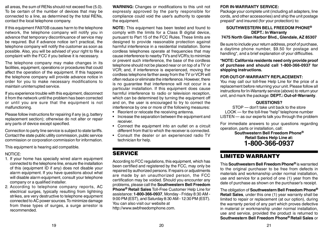 Southwestern Bell FA970B owner manual Service, Limited Warranty, This equipment is hearing aid compatible 