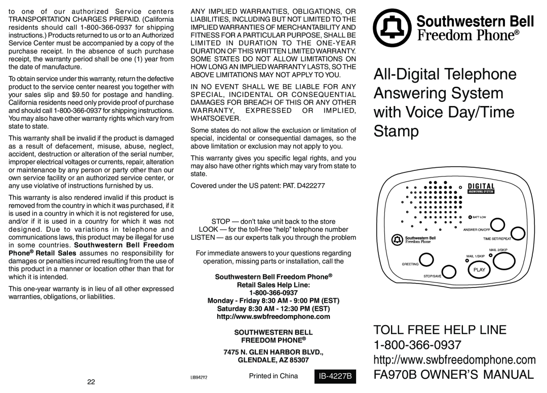 Southwestern Bell FA970B owner manual All-Digital Telephone Answering System with Voice Day/Time Stamp, IB-4227B 