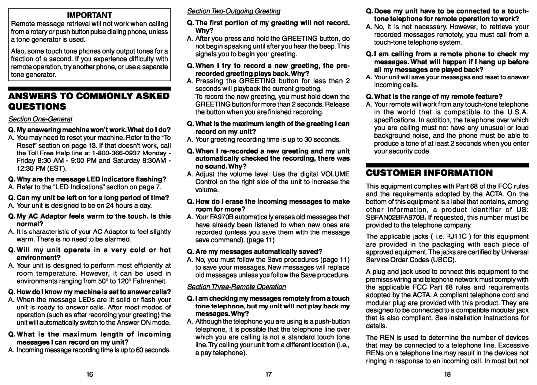 Southwestern Bell FA970B owner manual Answers To Commonly Asked Questions, Customer Information, Section One-General 