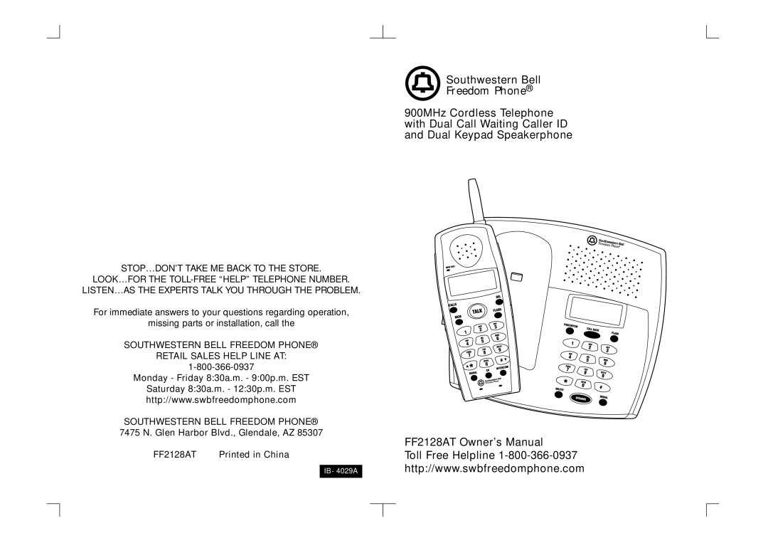 Southwestern Bell FF2128AT owner manual Southwestern Bell 