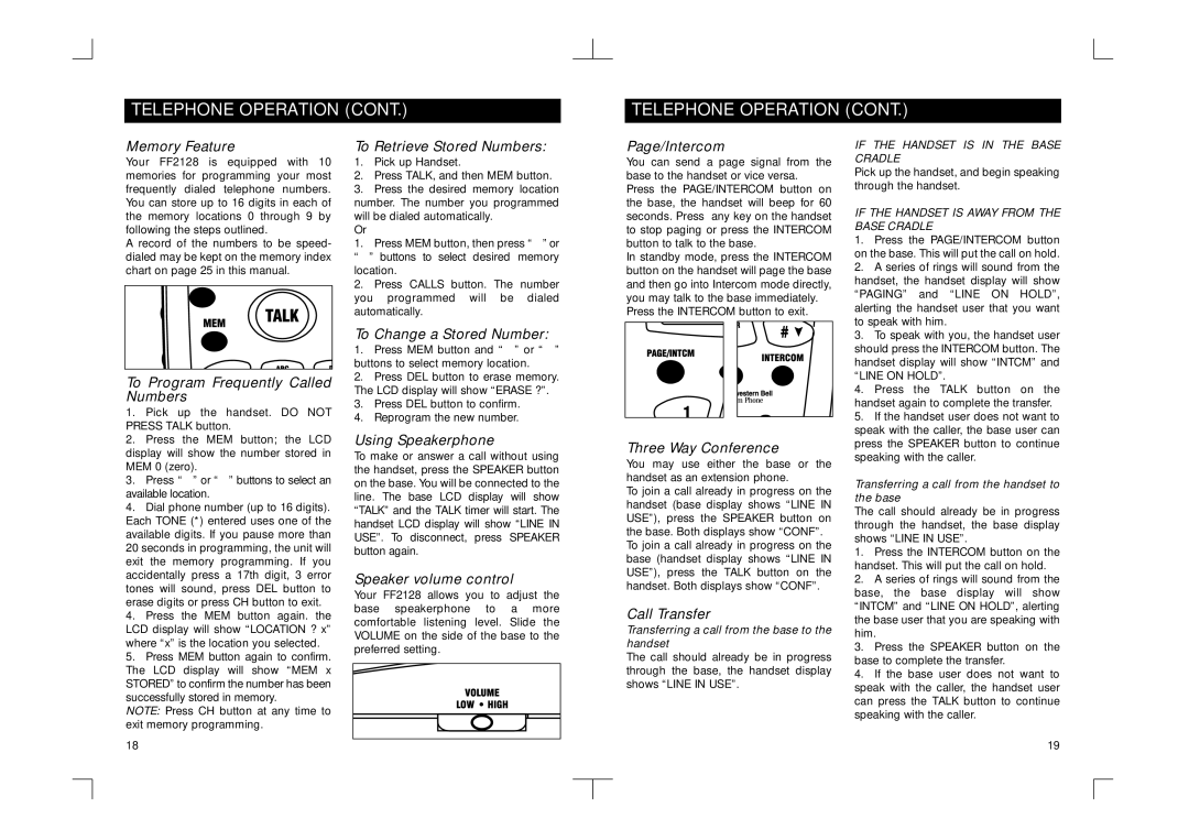 Southwestern Bell FF2128AT Memory Feature, To Program Frequently Called Numbers, To Retrieve Stored Numbers, Page/Intercom 