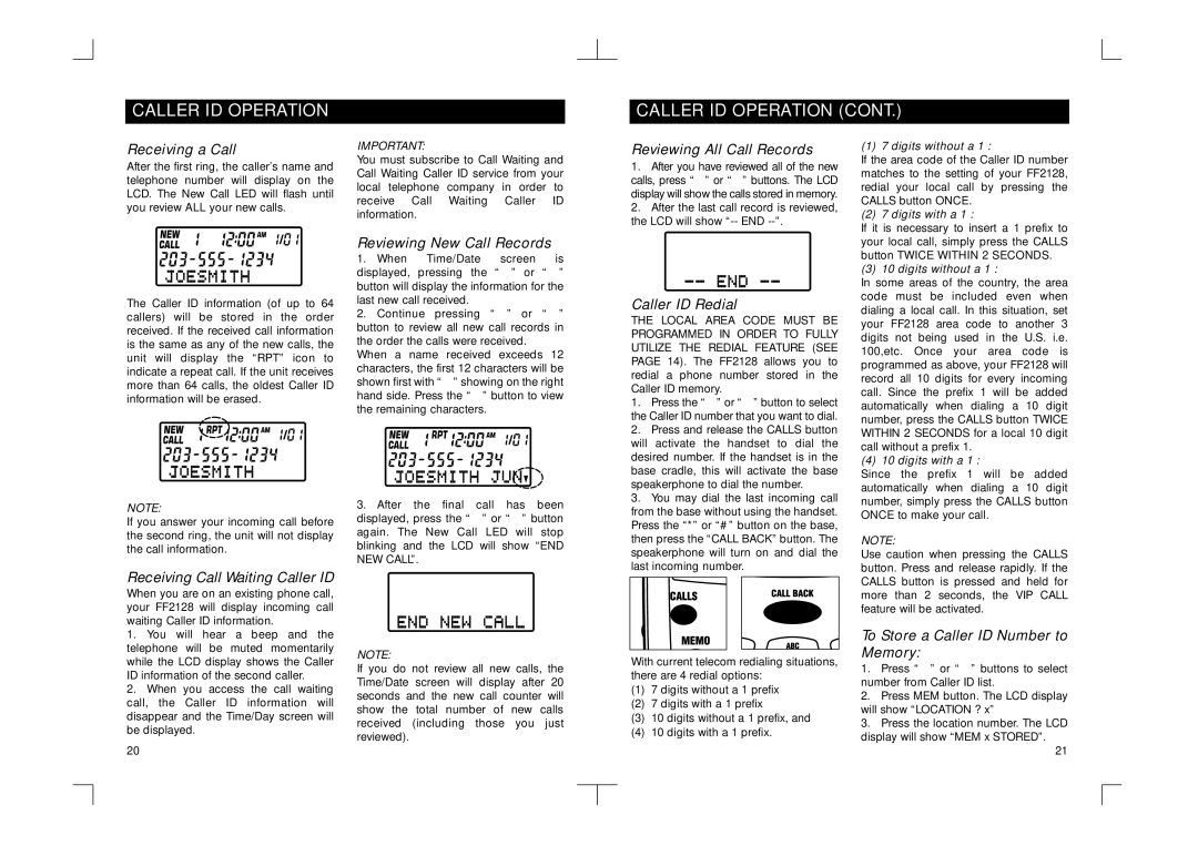 Southwestern Bell FF2128AT owner manual Caller ID Operation 