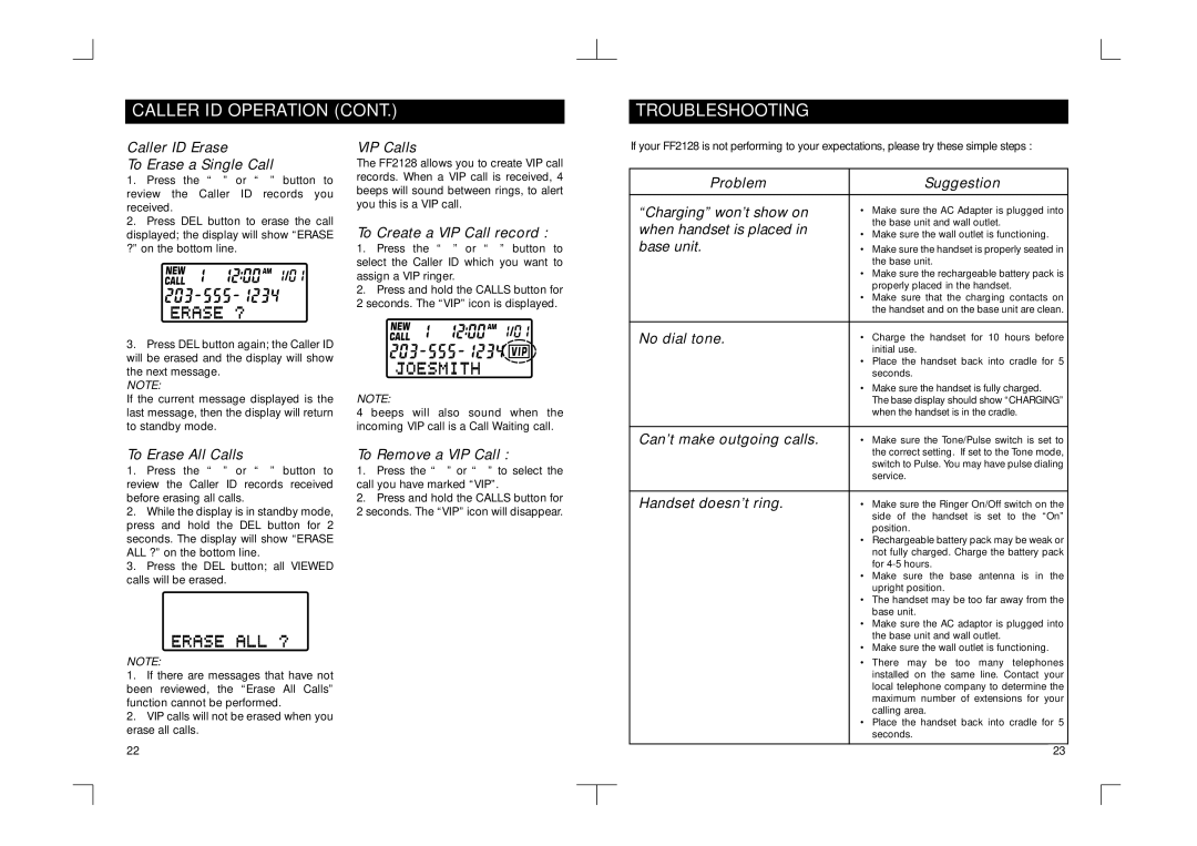 Southwestern Bell FF2128AT owner manual Caller ID Operation Troubleshooting 