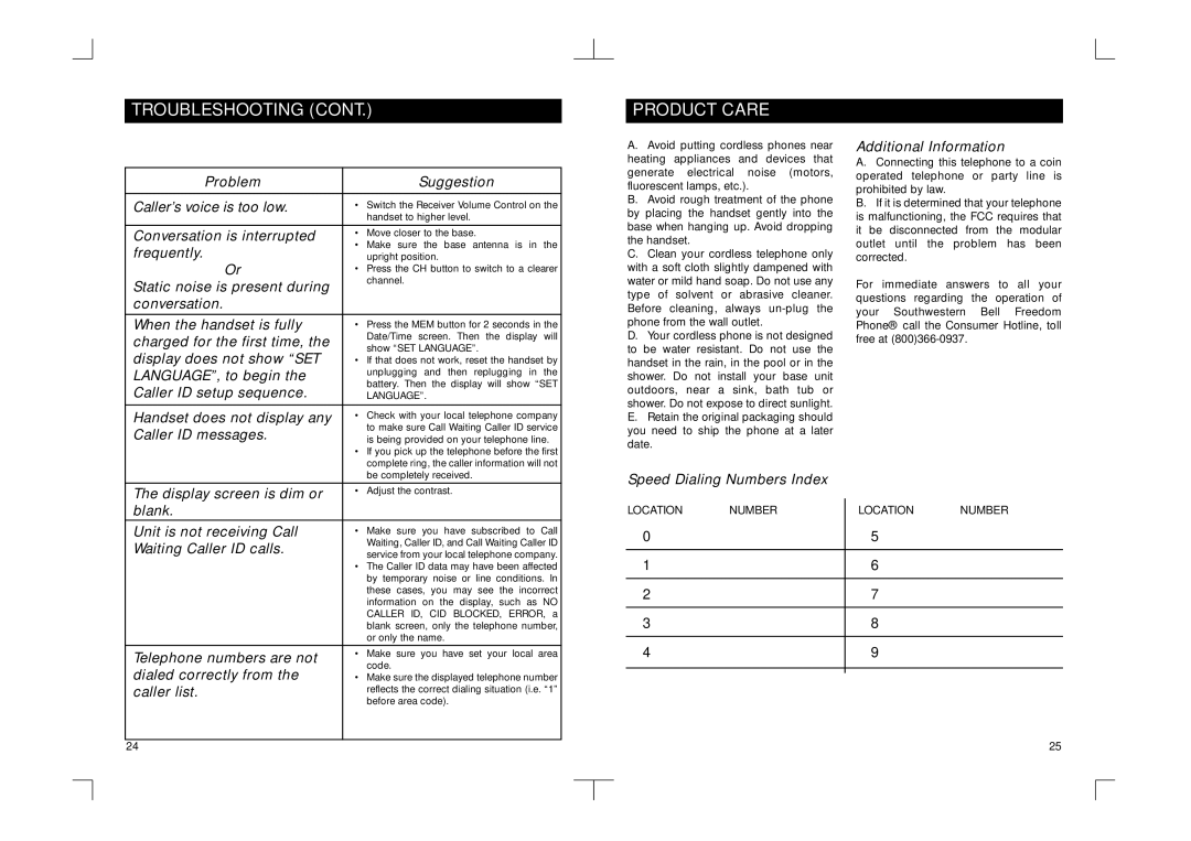 Southwestern Bell FF2128AT owner manual Product Care 