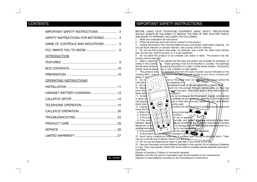 Southwestern Bell FF2128AT owner manual Contents, Important Safety Instructions 