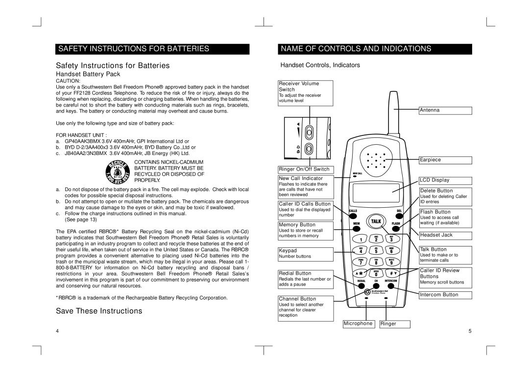 Southwestern Bell FF2128AT owner manual Safety Instructions for Batteries, Handset Controls, Indicators 