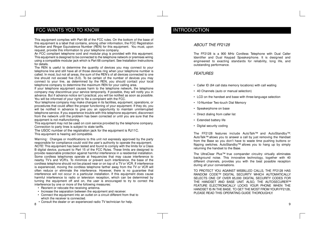 Southwestern Bell FF2128AT owner manual FCC Wants YOU to Know, Introduction 