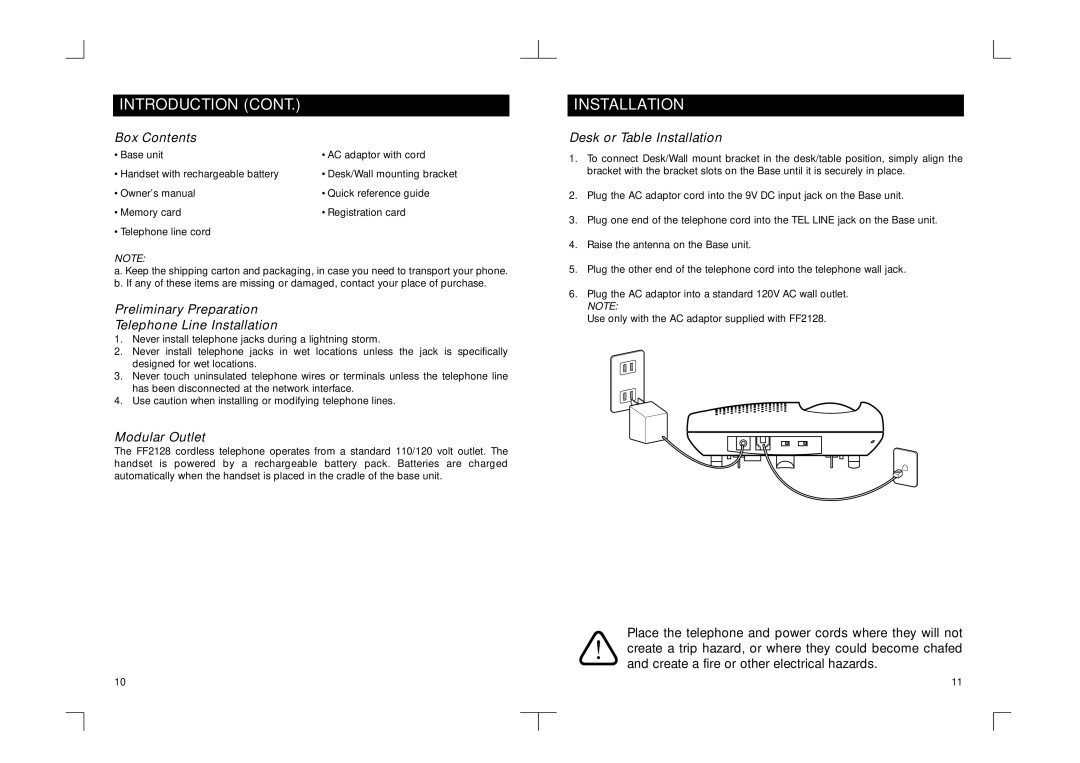 Southwestern Bell FF2128AT Box Contents, Preliminary Preparation Telephone Line Installation, Modular Outlet 