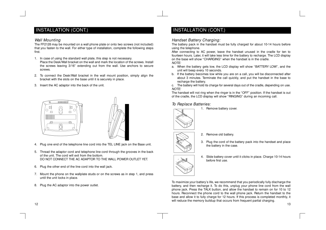 Southwestern Bell FF2128AT owner manual Wall Mounting, Handset Battery Charging, To Replace Batteries 