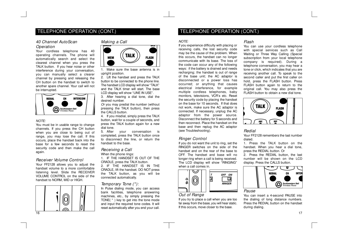 Southwestern Bell FF2128AT Channel AutoScan Operation, Receiver Volume Control, Making a Call, Receiving a Call, Flash 