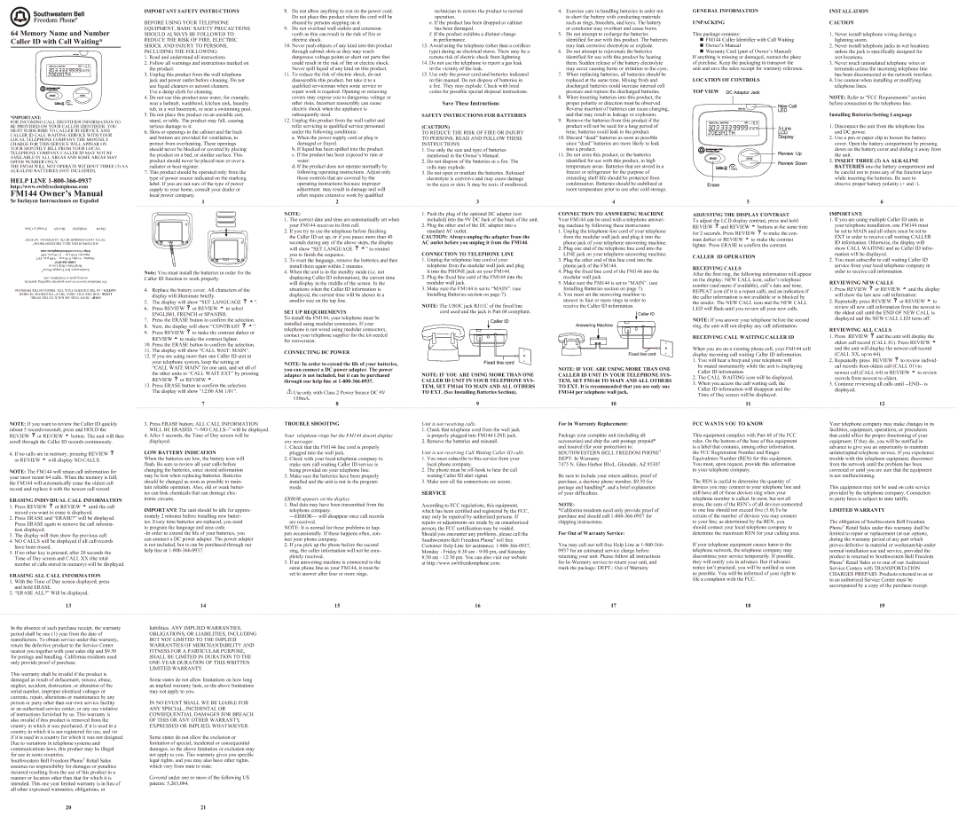 Southwestern Bell FM144 owner manual Important Safety Instructions, Safety Instructions for Batteries, SET UP Requirements 