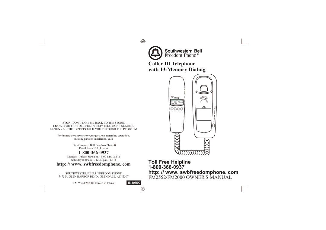 Southwestern Bell FM2552/FM2000 owner manual Caller ID Telephone With 13-Memory Dialing 