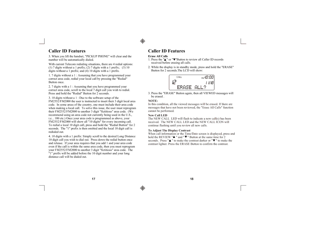 Southwestern Bell FM2552/FM2000 owner manual Erase All Calls, New Call LED, To Adjust The Display Contrast 