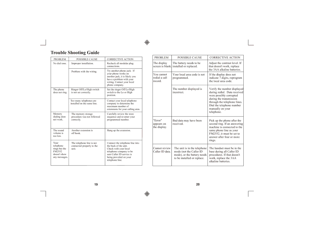 Southwestern Bell FM2552/FM2000 owner manual Trouble Shooting Guide, Problem Possible Cause Corrective Action 